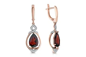 Серьги из красного золота с 2 гранатами и 48 фианитами