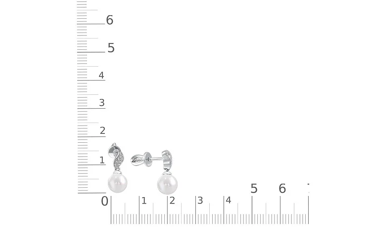 Серьги-пусеты из белого золота с 2 жемчужинами и 22 фианитами