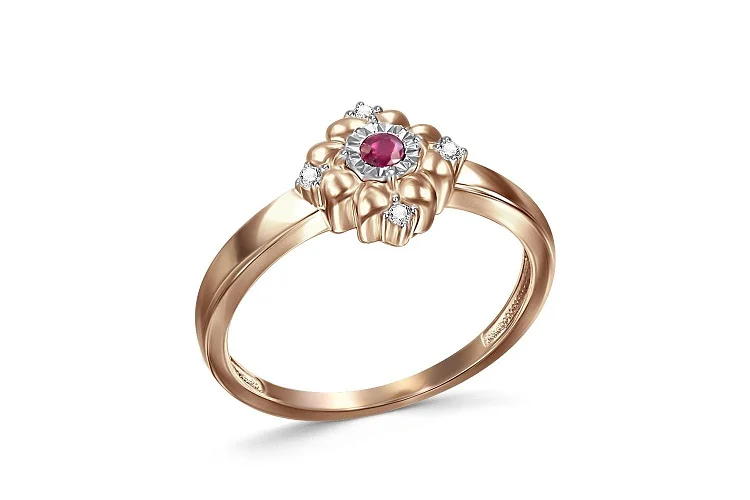 Кольцо Цветок из красного золота с корундом и 4 бриллиантами