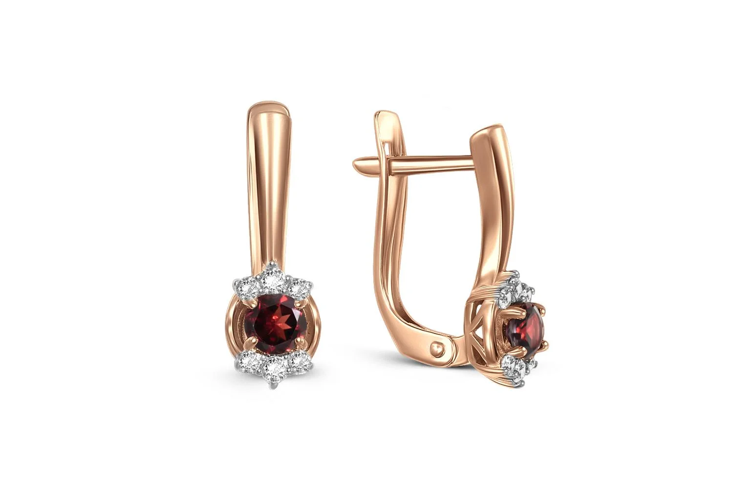 Серьги из красного золота с 2 гранатами и 12 фианитами