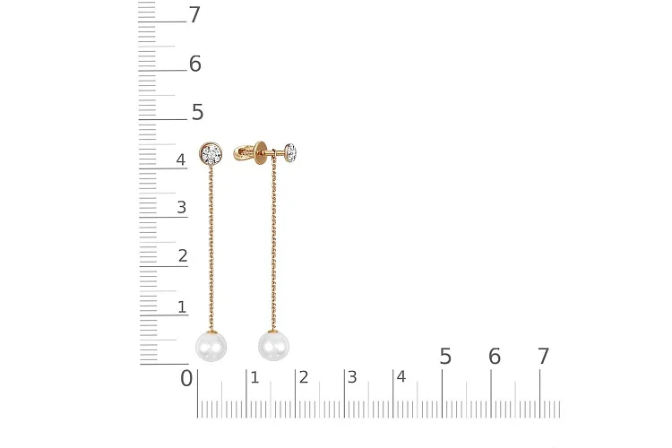 Серьги-пусеты из красного золота с 2 жемчужинами и 14 фианитами