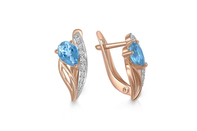 Серьги из красного золота с 2 топазами swiss и 16 фианитами