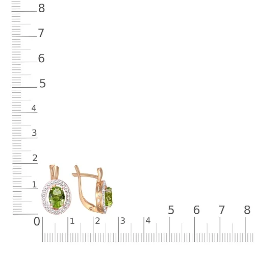 Серьги из красного золота с 2 хризолитами и 44 фианитами