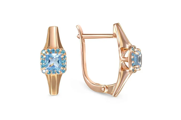 Серьги из красного золота с 2 топазами swiss и 32 фианитами