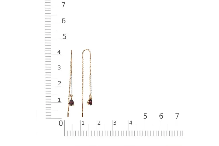 Серьги-продёвки Дорожки из красного золота с 2 гранатами и 20 фианитами