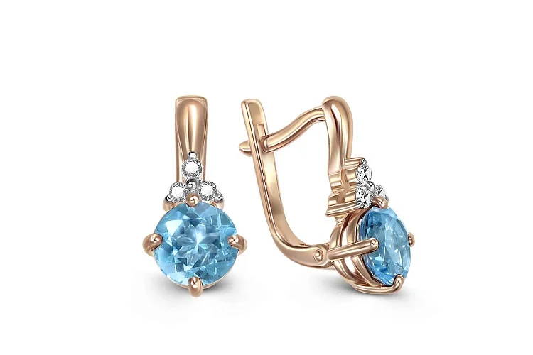 Серьги из красного золота с 2 топазами swiss и 6 фианитами