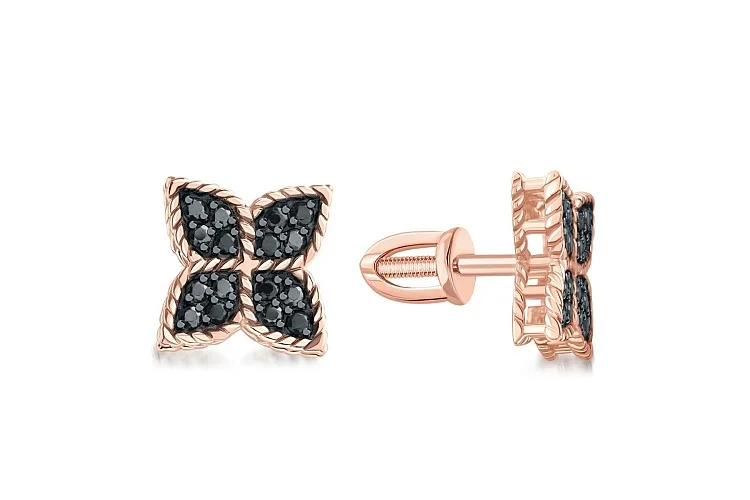 Серьги-пусеты Клевер из красного золота с 32 фианитами