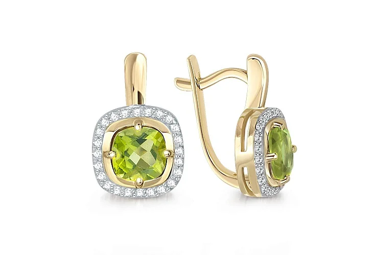 Серьги из жёлтого золота с 2 хризолитами и 48 фианитами