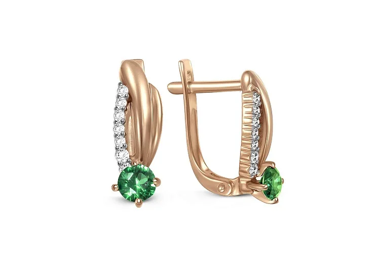 Серьги из красного золота с 2 изумрудами и 14 бриллиантами
