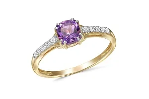 Кольцо из жёлтого золота с аметистом и 10 фианитами