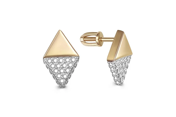 Серьги-пусеты Треугольники из жёлтого золота с 50 фианитами