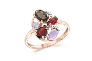 Кольцо из красного золота с гранатами, раухтопазом и фианитами