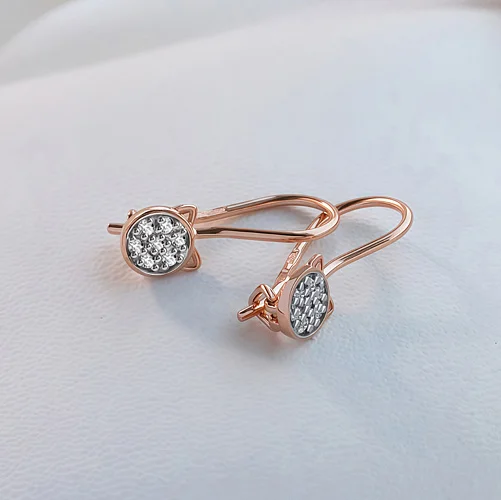 Детские серьги Кошки из красного золота с 14 фианитами