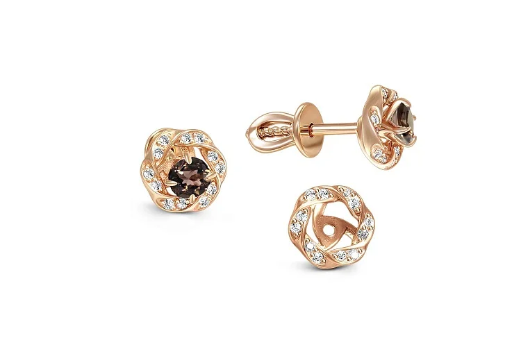 Серьги-пусеты из красного золота с 2 раухтопазами и 24 фианитами