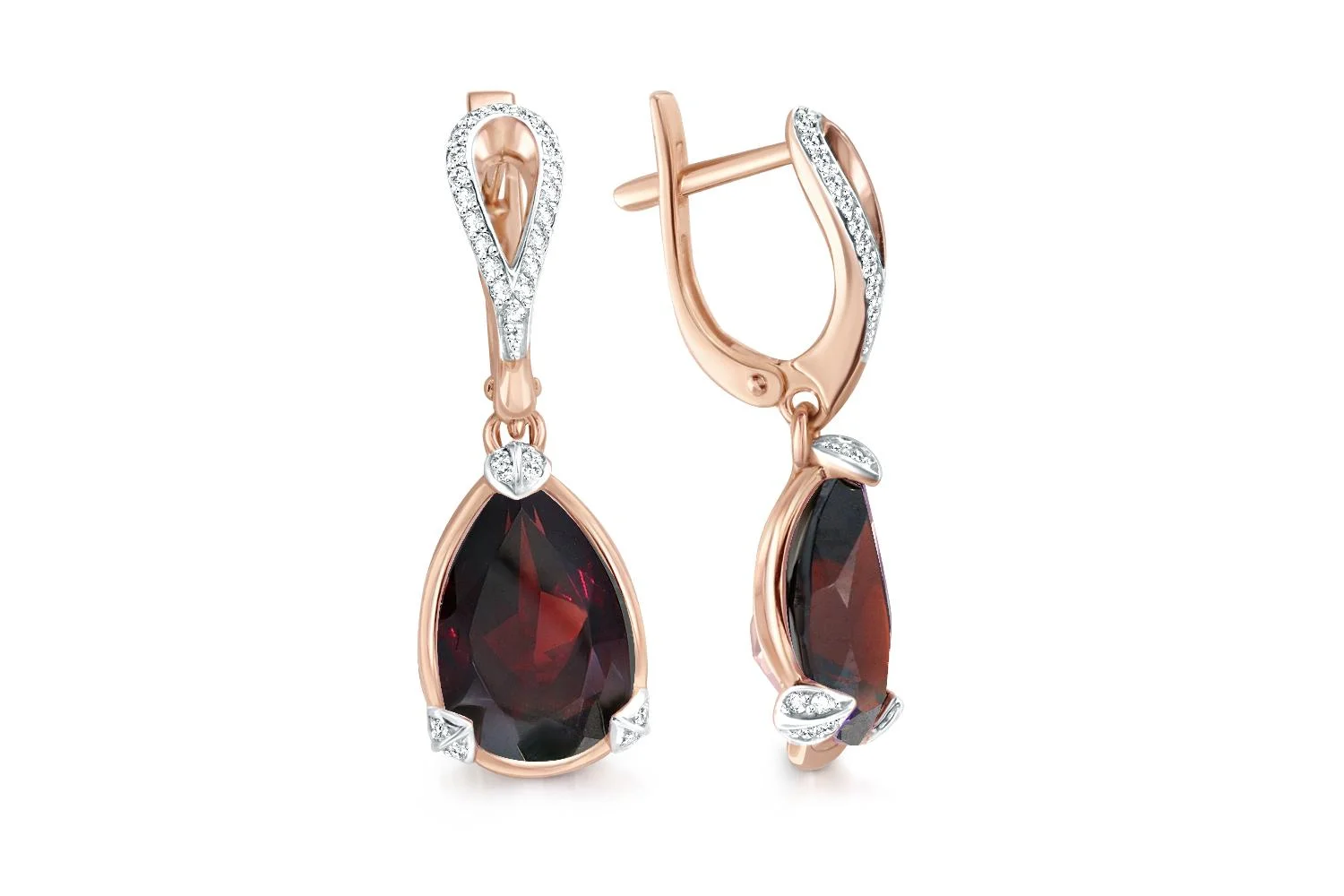 Серьги из красного золота с 2 гранатами и 64 фианитами