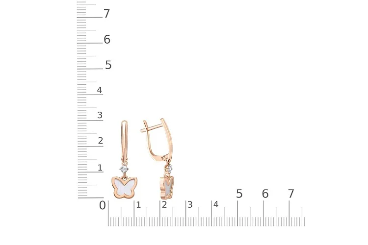 Серьги Бабочки из красного золота с перламутром и 2 фианитами