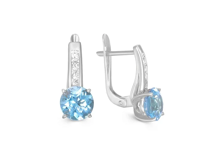 Серьги из белого золота с 2 топазами sky и 8 фианитами