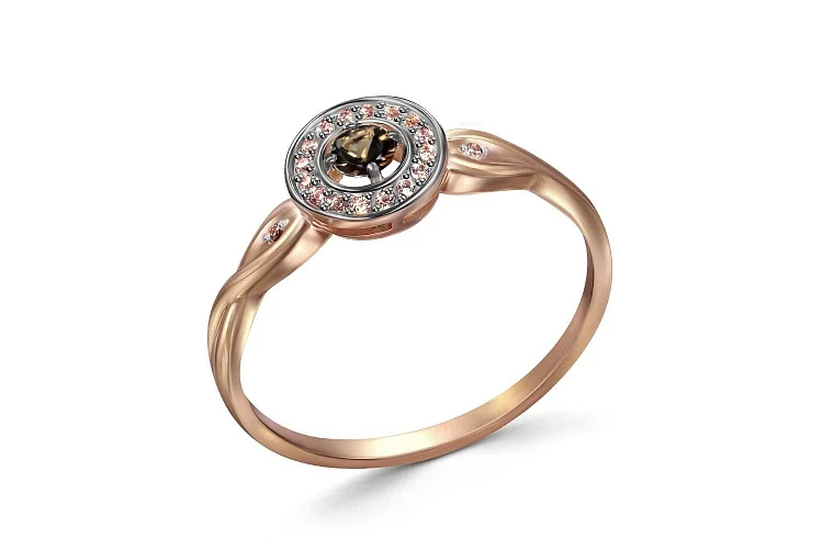 Кольцо из красного золота с раухтопазом и 18 фианитами