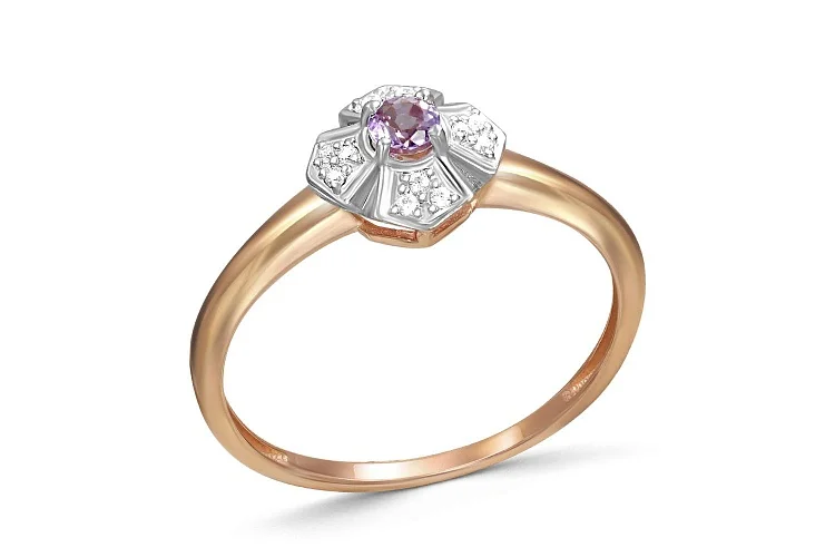 Кольцо Цветок из красного золота с аметистом и 12 фианитами