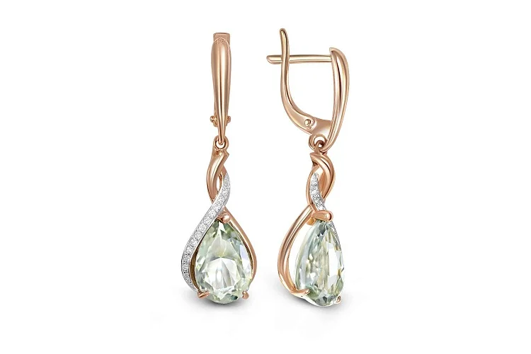 Серьги из красного золота с 2 аметистами и 24 фианитами
