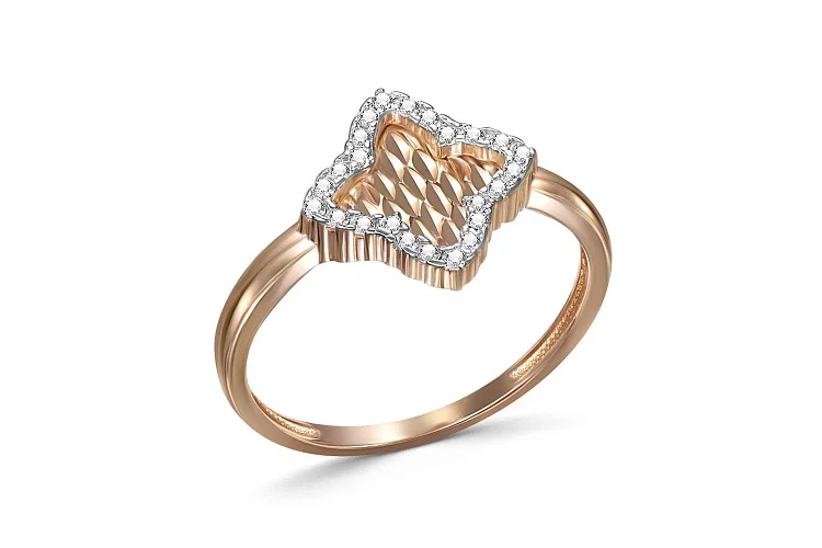 Кольцо Клевер из красного золота с 24 фианитами