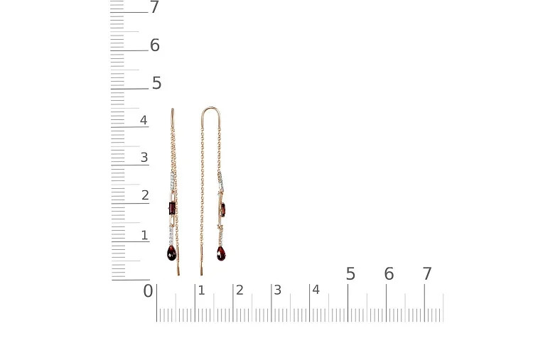 Серьги-продёвки из красного золота с 4 гранатами и 20 фианитами