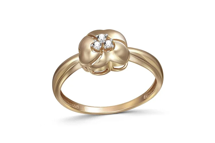 Кольцо Цветок из жёлтого золота с 3 фианитами
