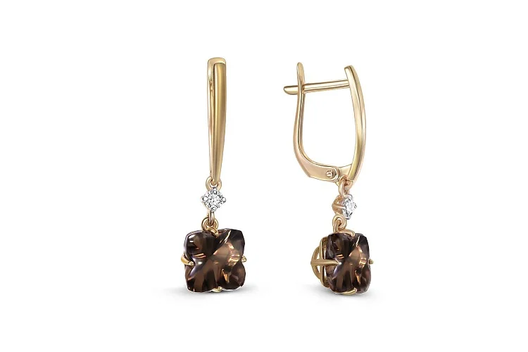 Серьги из жёлтого золота с 2 раухтопазами и 2 фианитами