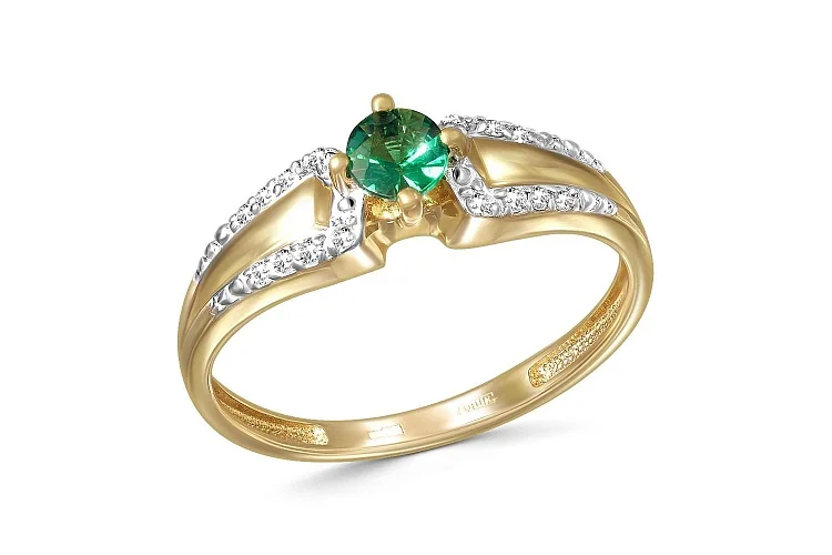 Кольцо из жёлтого золота с изумрудом и 16 фианитами