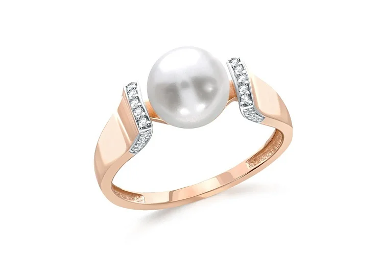 Кольцо из красного золота с жемчугом и 26 фианитами