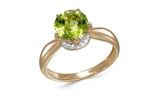 Кольцо из жёлтого золота с хризолитом и 18 фианитами