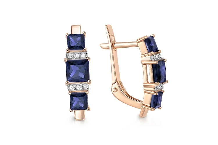 Серьги из красного золота с 6 корундами и 12 бриллиантами