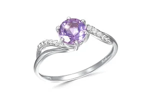 Кольцо из белого золота с аметистом и 10 фианитами