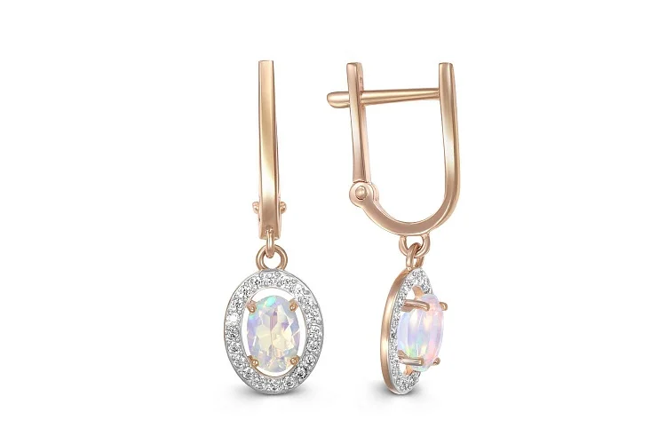 Серьги из красного золота с 2 опалами и 40 фианитами