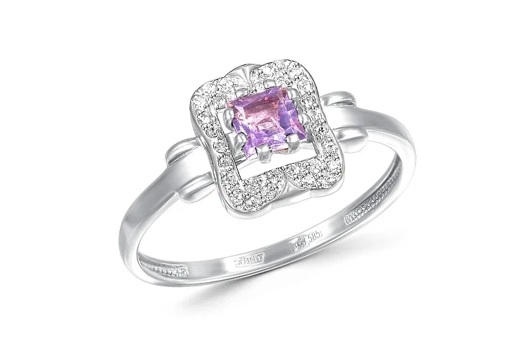 Кольцо из белого золота с аметистом и 30 фианитами