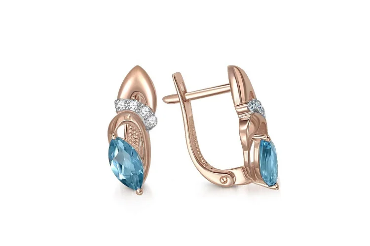 Серьги из красного золота с 2 топазами swiss и 8 фианитами