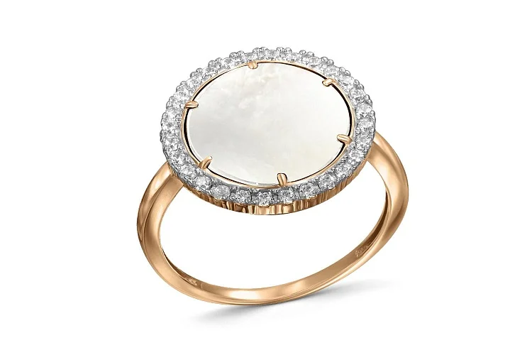 Кольцо из красного золота с перламутром и 28 фианитами
