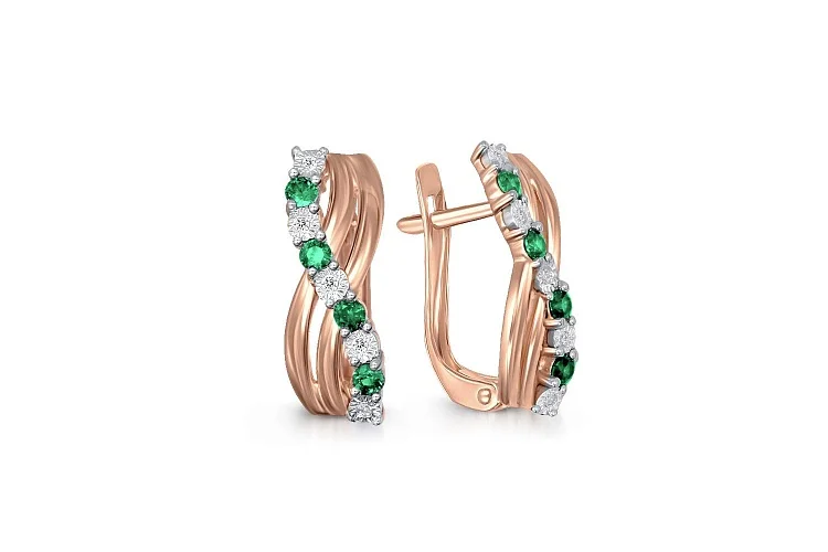 Серьги Дорожки из красного золота с 8 изумрудами и 10 бриллиантами