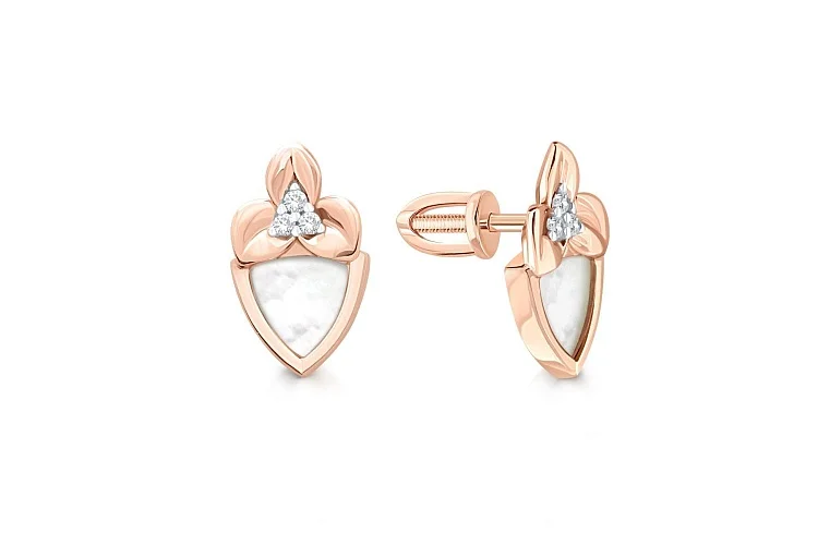 Серьги-пусеты Цветы из красного золота с перламутром и 6 фианитами