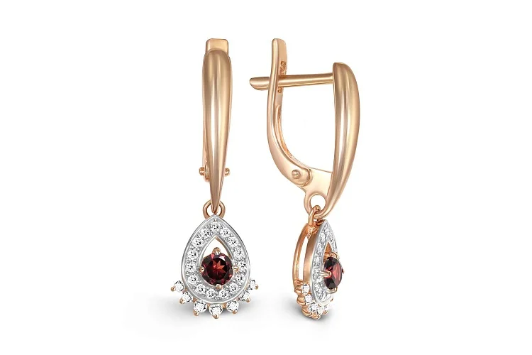 Серьги из красного золота с 2 гранатами и 44 фианитами