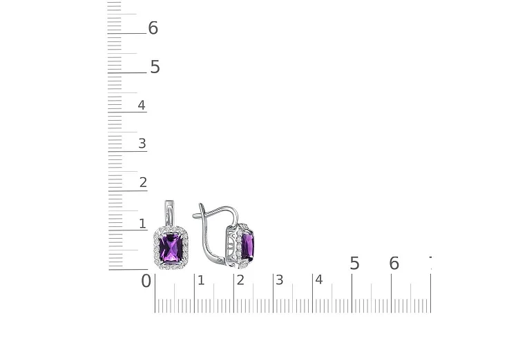 Серьги из белого золота с 2 аметистами и 36 фианитами