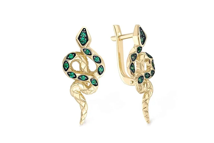 Серьги Змеи из жёлтого золота с 20 изумрудами