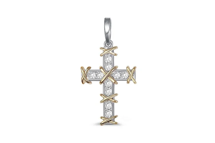 Подвеска Крест из белого золота с 10 фианитами