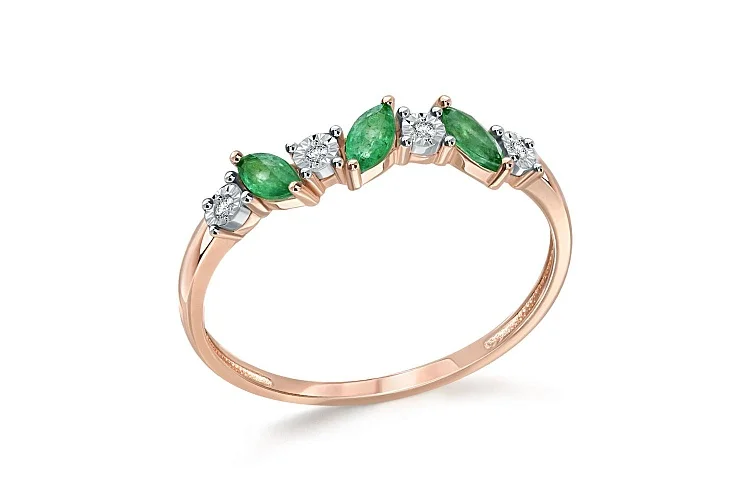 Кольцо Дорожка из красного золота с 3 изумрудами и 4 бриллиантами