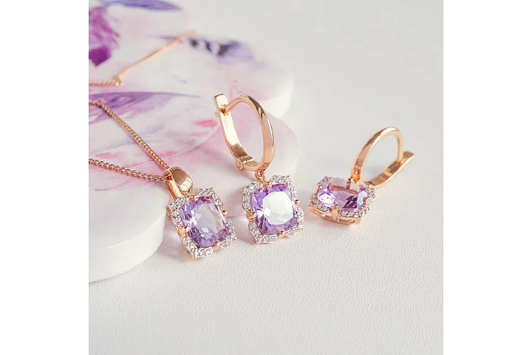 Серьги из красного золота с 2 аметистами и 40 фианитами