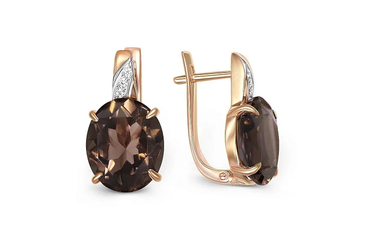 Серьги из красного золота с 2 раухтопазами и 6 фианитами