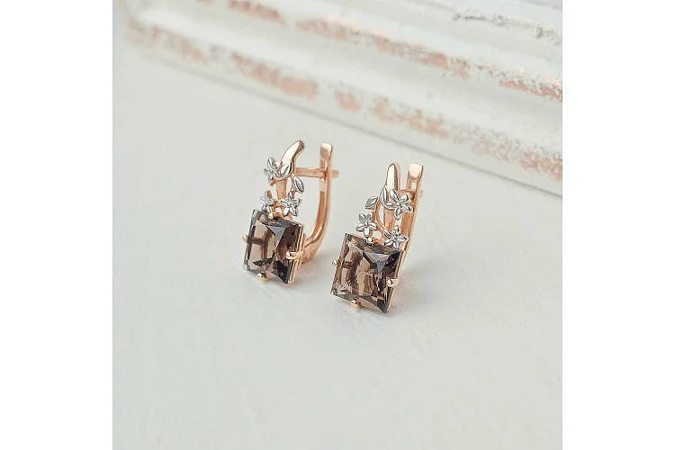 Серьги Цветы из красного золота с 2 раухтопазами