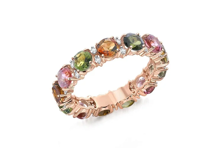 Кольцо Дорожка из красного золота с 13 турмалинами и 26 фианитами