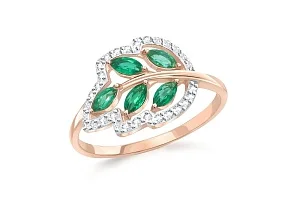 Кольцо Веточка из красного золота с 5 изумрудами и 30 фианитами