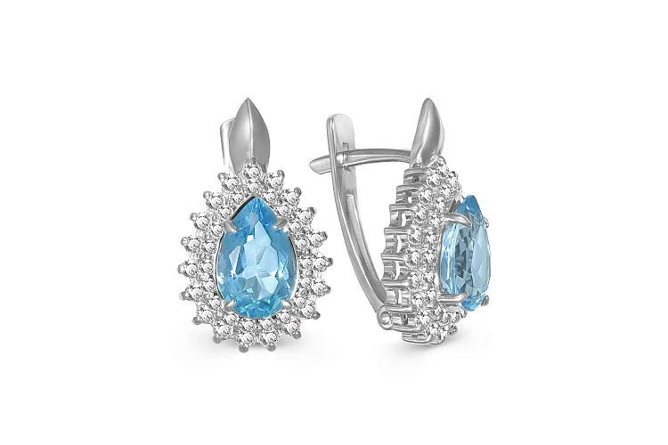 Серьги из белого золота с 2 топазами swiss и 76 фианитами